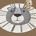 Round Rug With Adorable Lion Face Pattern In Gray And White Tones